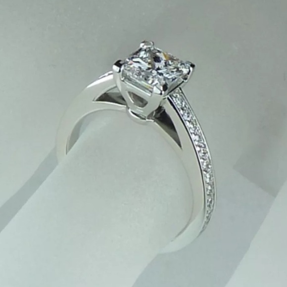 14K White Princess Square Diamond Engagement Ring - Picture 6 of 7